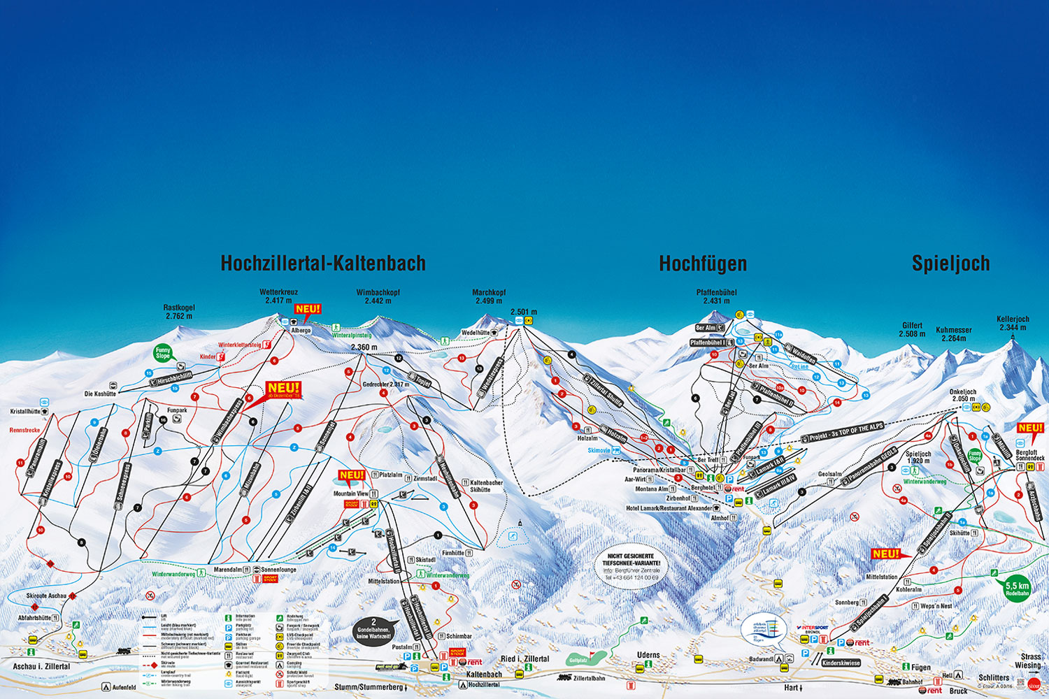 Panorama Skigebiete Spieljoch und Hochfügen in Fügen und vHochzillertal in Kaltenbach